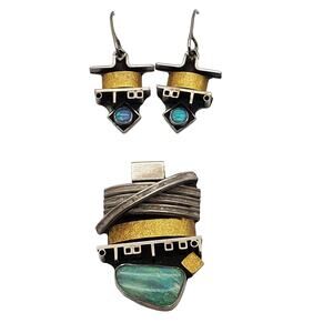 Modernist 24K Gold Sterling Silver Pendant & Drop Earrings La Des Glanzer